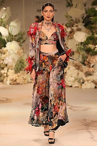 Pink Velvet & Crepe Floral Suit Set by Varun Bahl