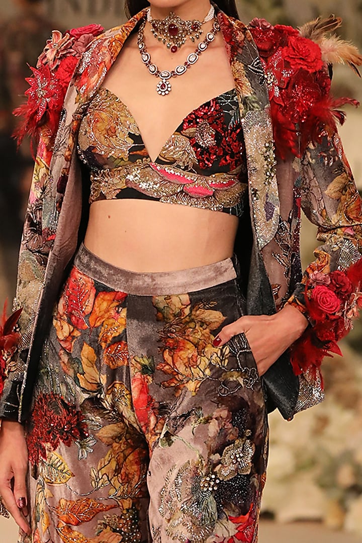 Pink Velvet & Crepe Floral Suit Set by Varun Bahl at Pernia's Pop Up Shop