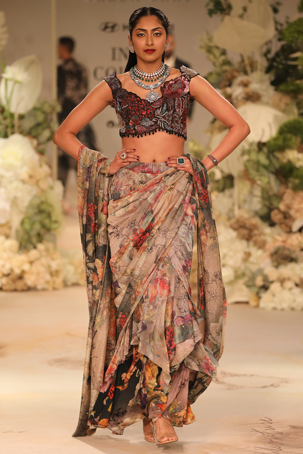 Black Crinkle Lurex Printed & Embellished Draped Reception Saree Set by Varun Bahl at Pernia's Pop Up Shop
