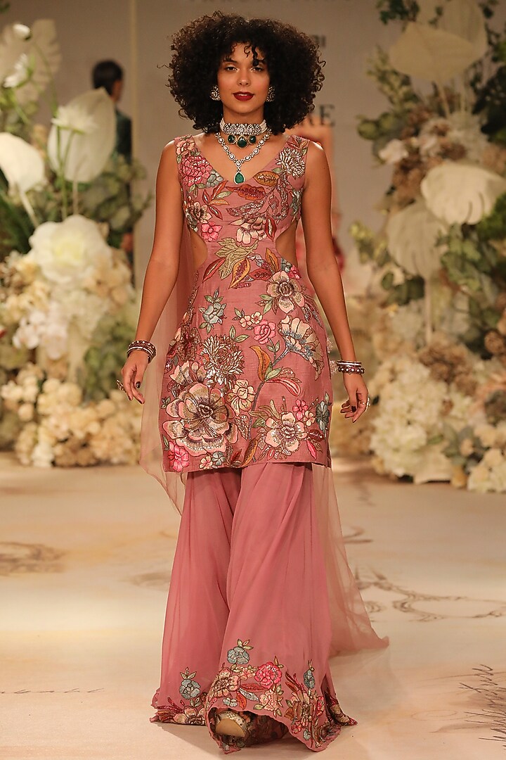 Lavender Pink Silk Dupion & Organza Thread Embroidered Bridal Sharara Set by Varun Bahl at Pernia's Pop Up Shop