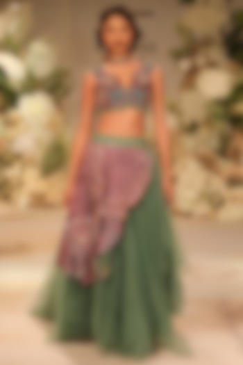 Moss Green Tulle Hand Embellished Layered Skirt Set by Varun Bahl at Pernia s Pop Up Shop 2024