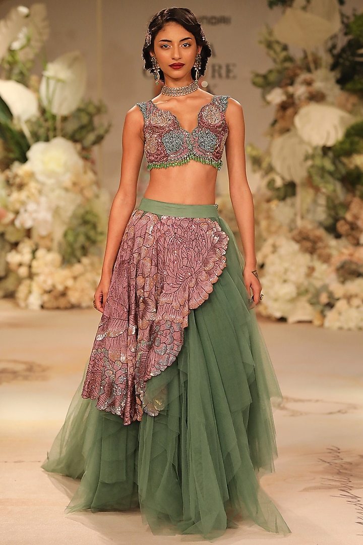 Moss Green Tulle Hand Embellished Layered Skirt Set by Varun Bahl at Pernia's Pop Up Shop