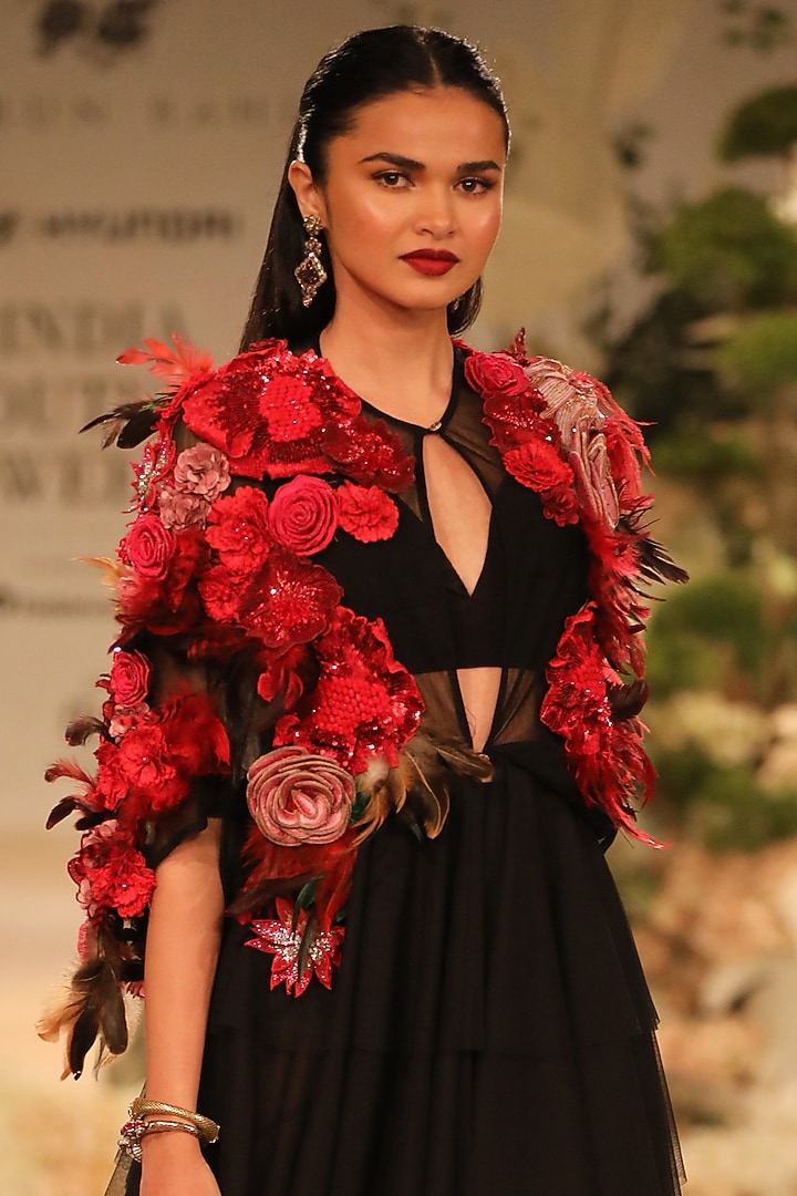 Black Tulle & Crepe Embroidered Party Wear Dress by Varun Bahl at Pernia's Pop Up Shop