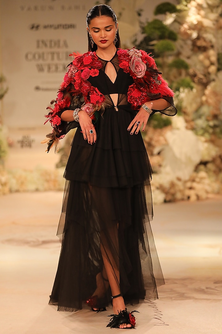 Black Tulle & Crepe Embroidered Party Wear Dress by Varun Bahl at Pernia's Pop Up Shop