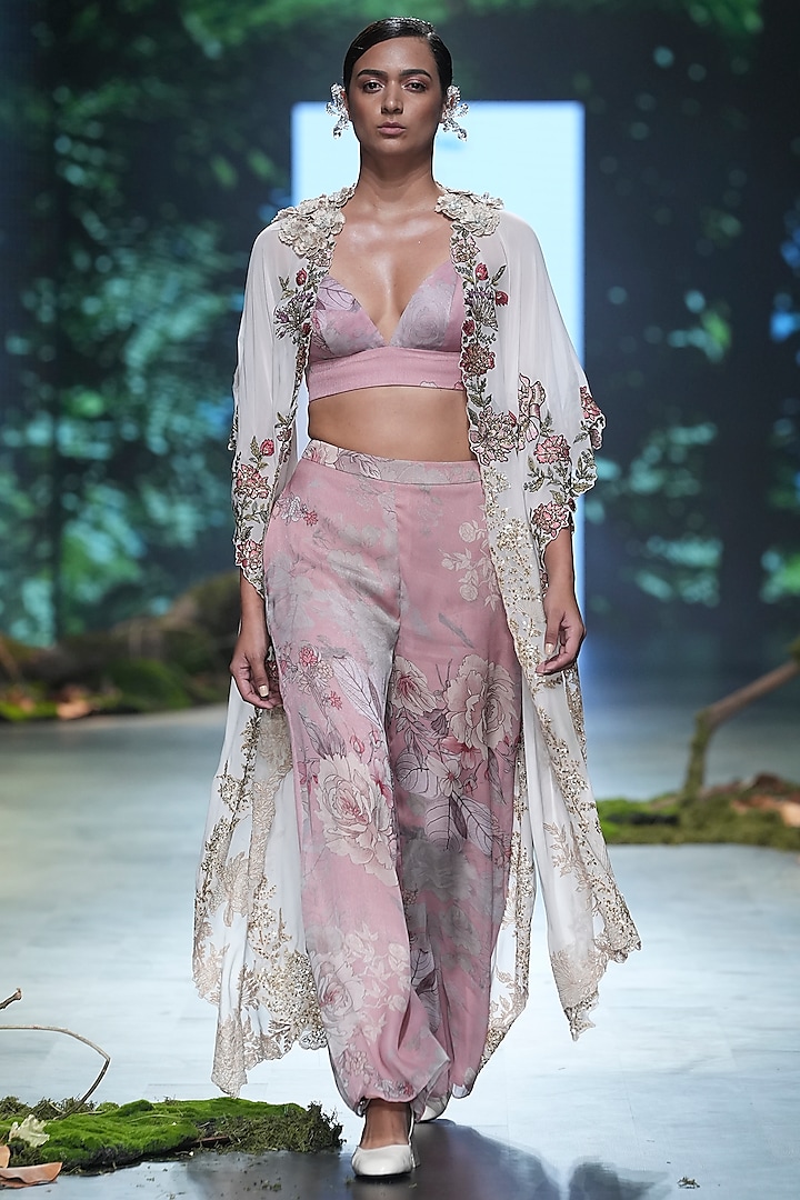Pink Organza & Velvet Floral Printed Co-Ord Set With Cape by Varun Bahl