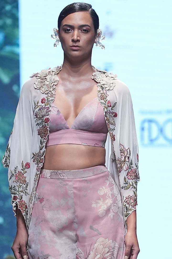 Pink Organza & Velvet Floral Printed Co-Ord Set With Cape by Varun Bahl at Pernia's Pop Up Shop