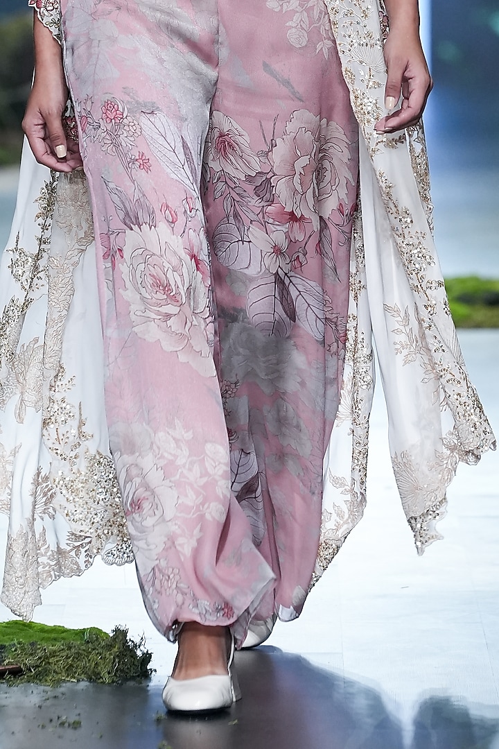 Pink Organza & Velvet Floral Printed Co-Ord Set With Cape by Varun Bahl at Pernia's Pop Up Shop