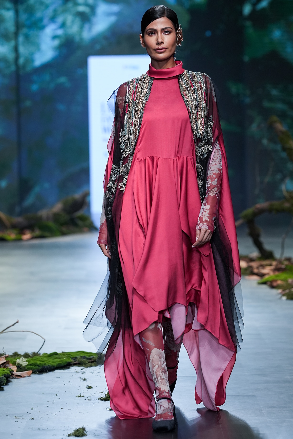 Black Red Organza Cutdana Embellished Jacket Dress With Jumpsuit