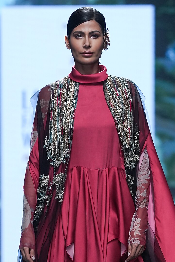 Black & Red Organza Cutdana Embellished Jacket Party Wear Dress With Jumpsuit by Varun Bahl at Pernia's Pop Up Shop
