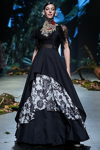 Black Organza & Chanderi Printed Layered Lehenga Set by Varun Bahl