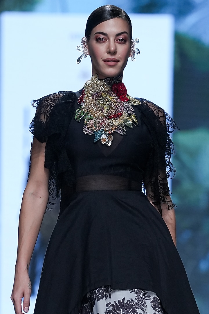 Black Organza & Chanderi Printed Layered Bridal Lehenga Set by Varun Bahl at Pernia's Pop Up Shop