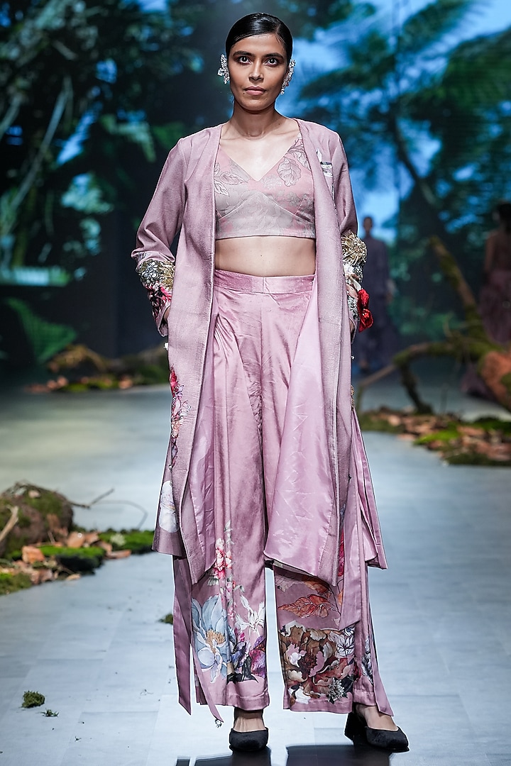 Pink Velvet & Organza Sequins Embellished Jacket Set by Varun Bahl