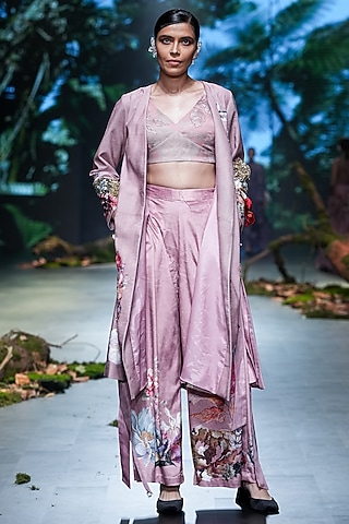 Pink Velvet & Organza Sequins Embellished Jacket Set by Varun Bahl