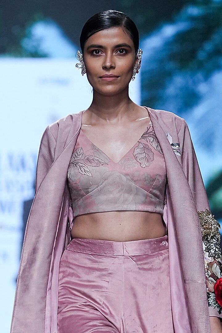 Pink Velvet & Organza Sequins Embellished Jacket Set by Varun Bahl at Pernia's Pop Up Shop