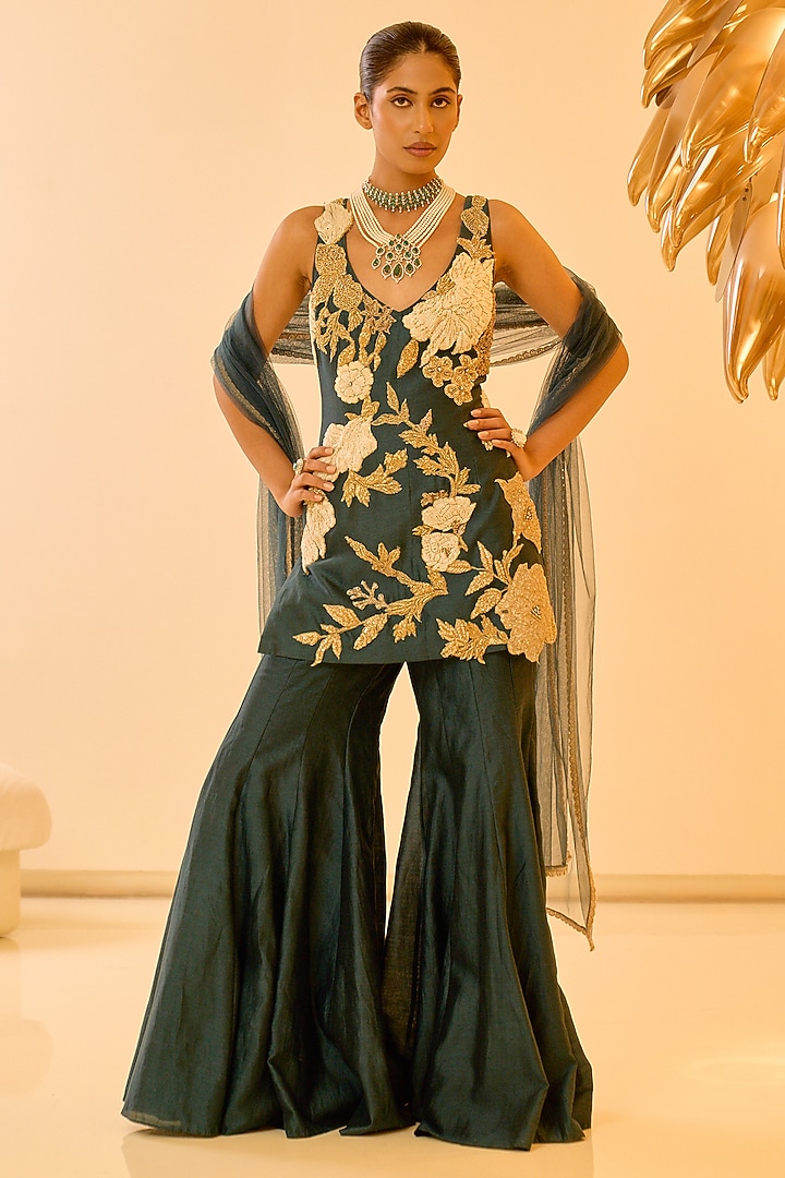 Teal Chanderi Floral Embroidered Bridal Sharara Set by Varun Bahl at Pernia's Pop Up Shop