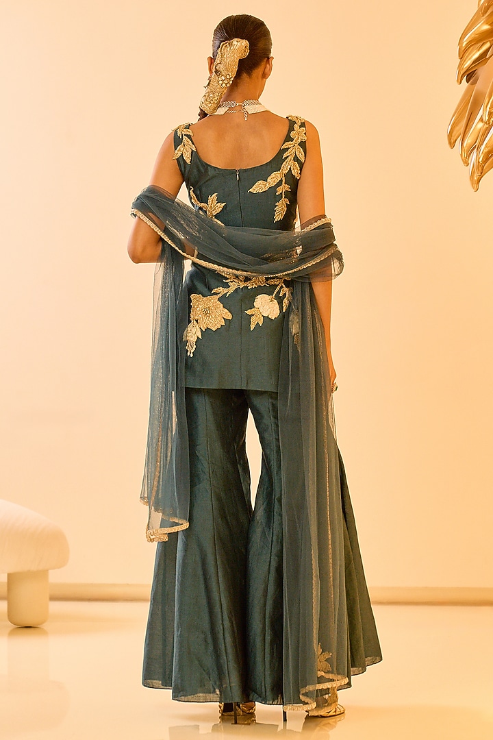 Teal Chanderi Floral Embroidered Bridal Sharara Set by Varun Bahl at Pernia's Pop Up Shop