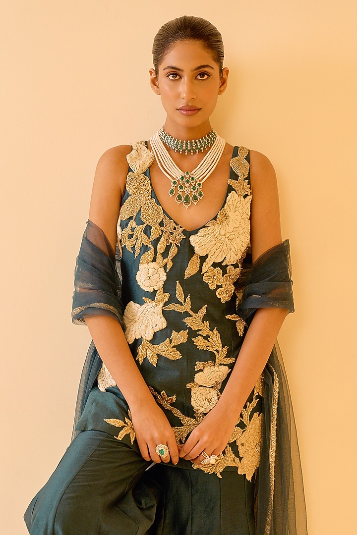 Teal Chanderi Floral Embroidered Bridal Sharara Set by Varun Bahl at Pernia's Pop Up Shop