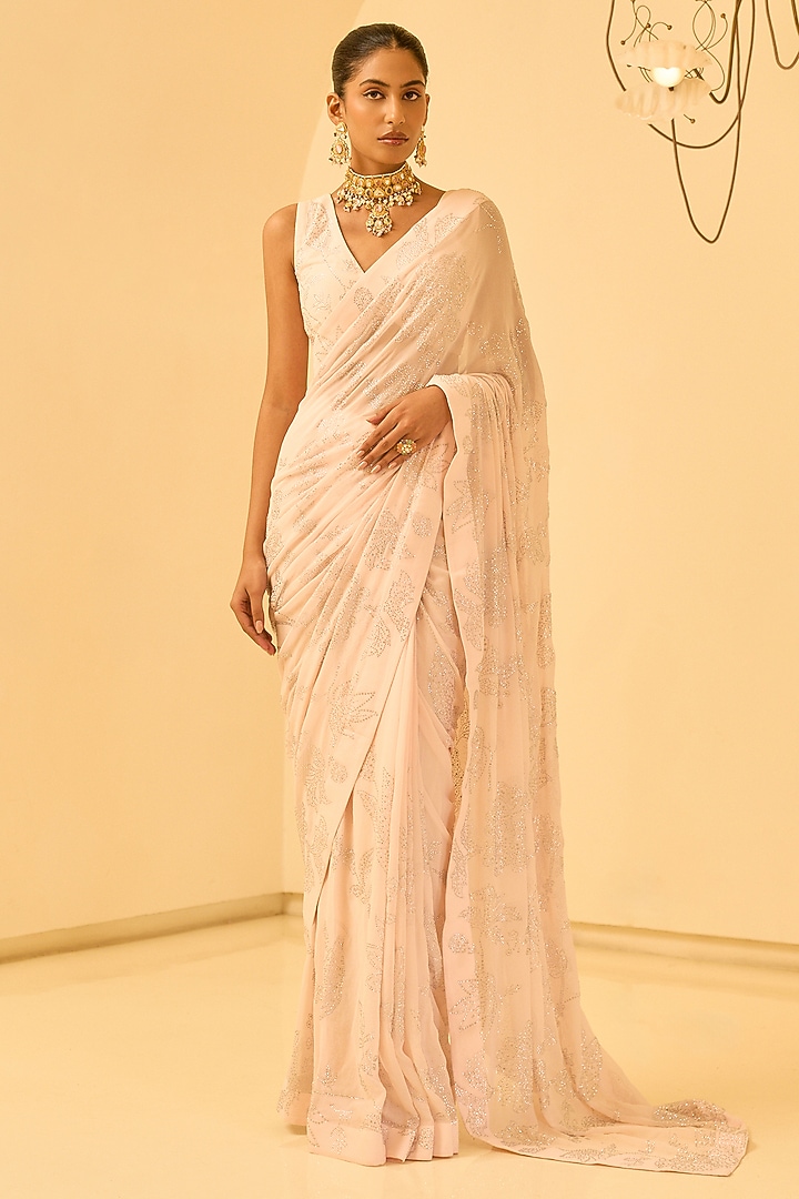 Blush Pink Georgette Draped Reception Saree Set by Varun Bahl at Pernia's Pop Up Shop