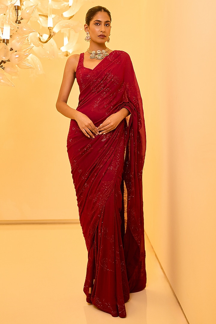 Hot Pink Georgette Draped Reception Saree Set by Varun Bahl at Pernia's Pop Up Shop