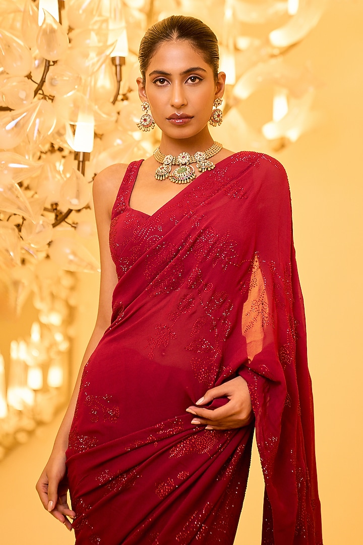 Hot Pink Georgette Draped Reception Saree Set by Varun Bahl at Pernia's Pop Up Shop