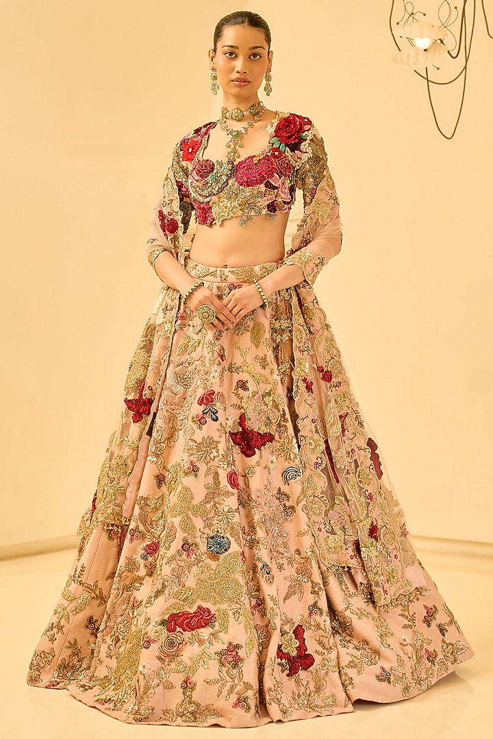 Baby Pink Modal Dupion Floral Hand Embroidered Bridal Bridal Lehenga Set by Varun Bahl at Pernia's Pop Up Shop