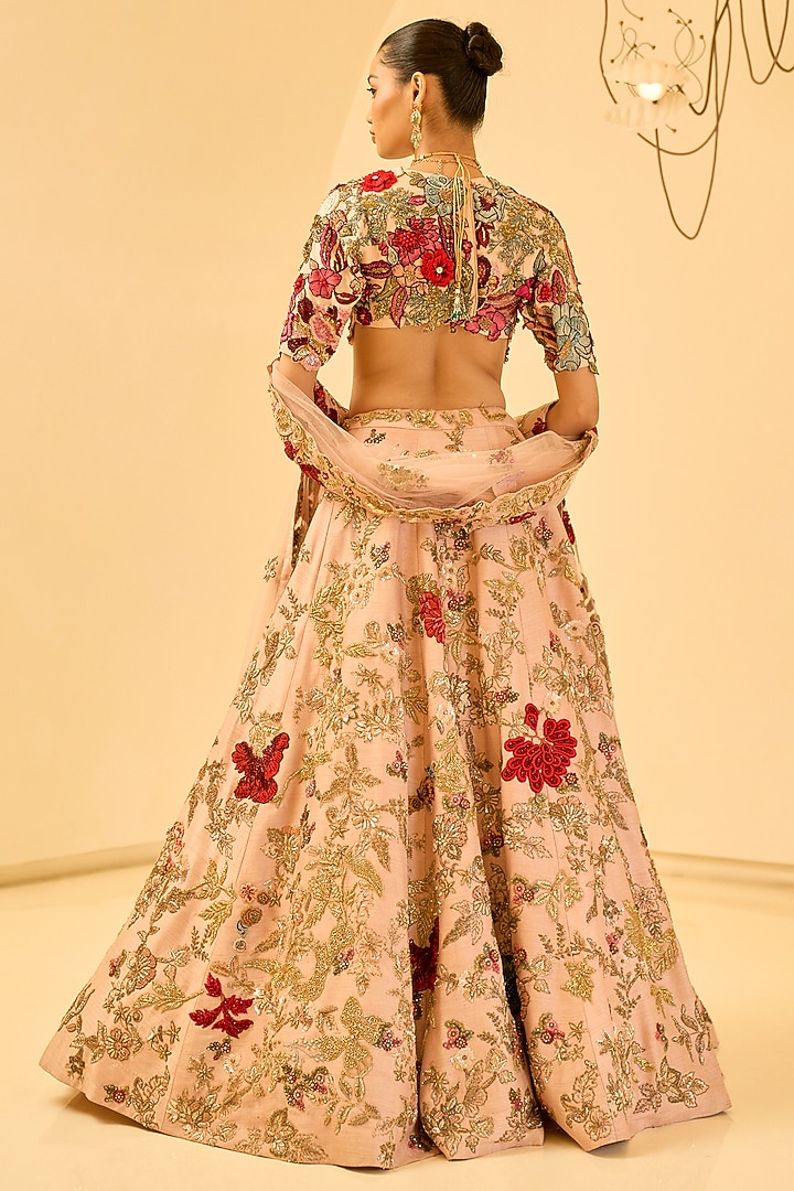 Baby Pink Modal Dupion Floral Hand Embroidered Bridal Bridal Lehenga Set by Varun Bahl at Pernia's Pop Up Shop