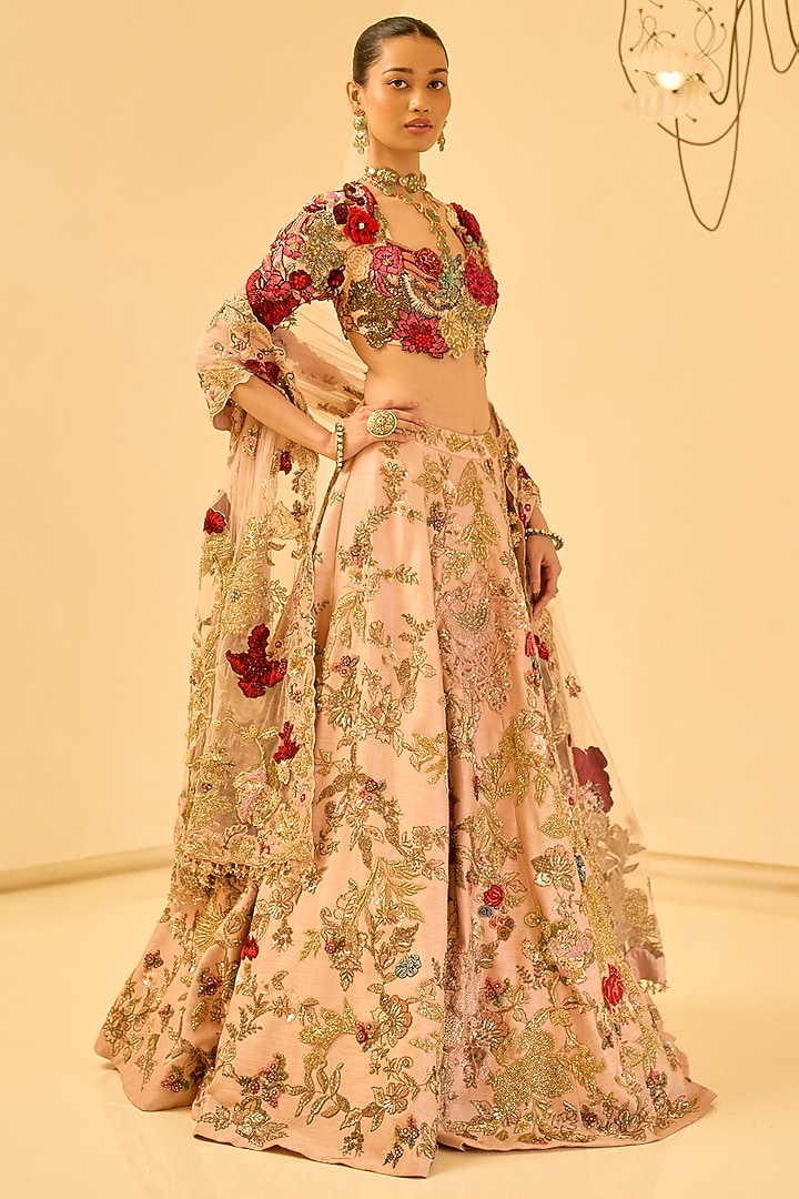 Baby Pink Modal Dupion Floral Hand Embroidered Bridal Bridal Lehenga Set by Varun Bahl at Pernia's Pop Up Shop