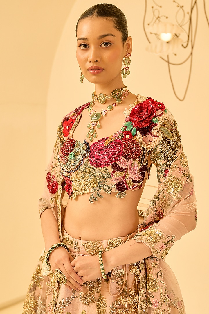 Baby Pink Modal Dupion Floral Hand Embroidered Bridal Bridal Lehenga Set by Varun Bahl at Pernia's Pop Up Shop