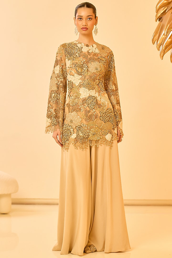 Beige Mono Net Zardosi Embroidered Bridal Sharara Set by Varun Bahl at Pernia's Pop Up Shop