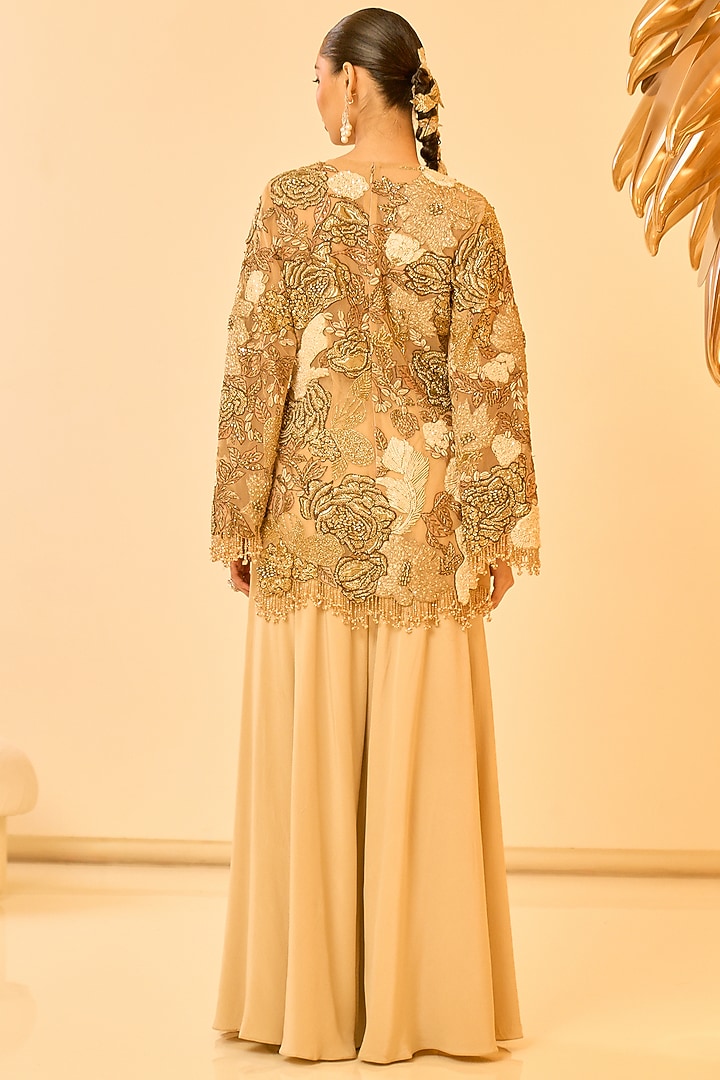 Beige Mono Net Zardosi Embroidered Bridal Sharara Set by Varun Bahl at Pernia's Pop Up Shop