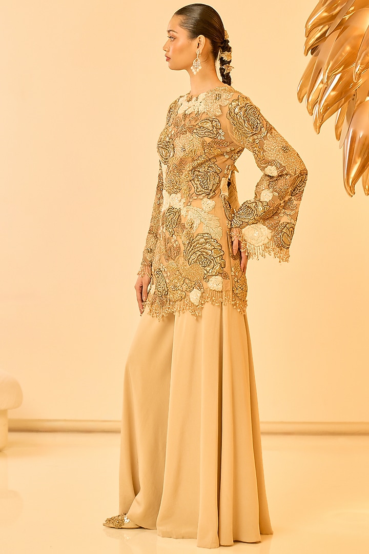 Beige Mono Net Zardosi Embroidered Bridal Sharara Set by Varun Bahl at Pernia's Pop Up Shop