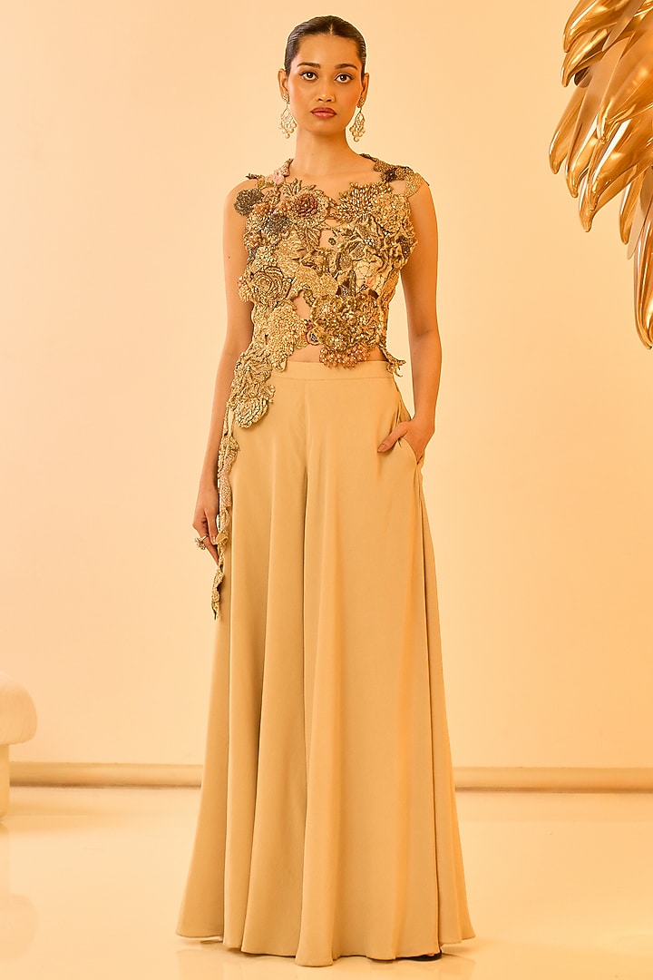 Beige Crepe Pant Set by Varun Bahl at Pernia's Pop Up Shop