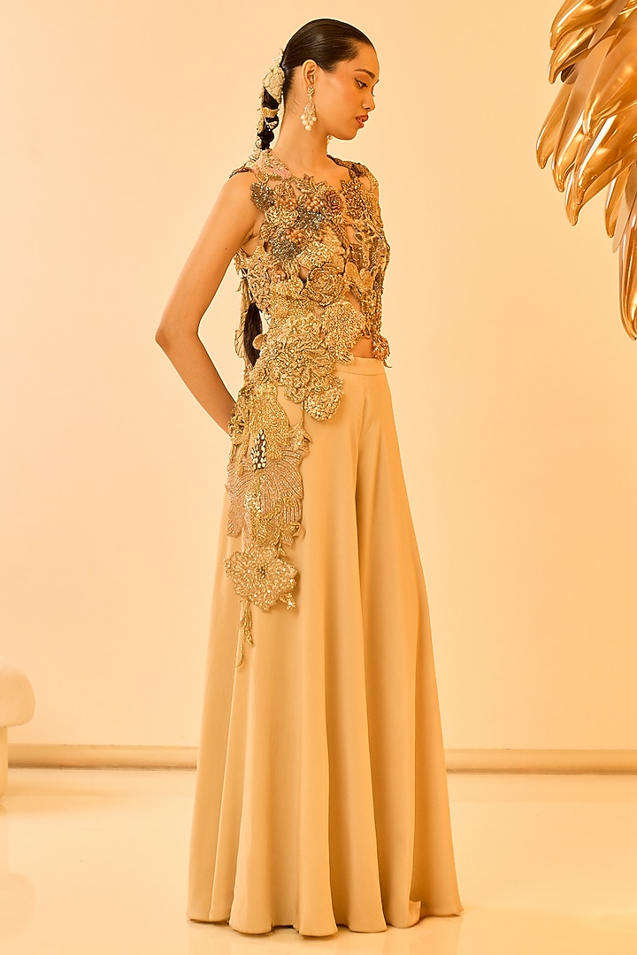 Beige Crepe Pant Set by Varun Bahl at Pernia's Pop Up Shop