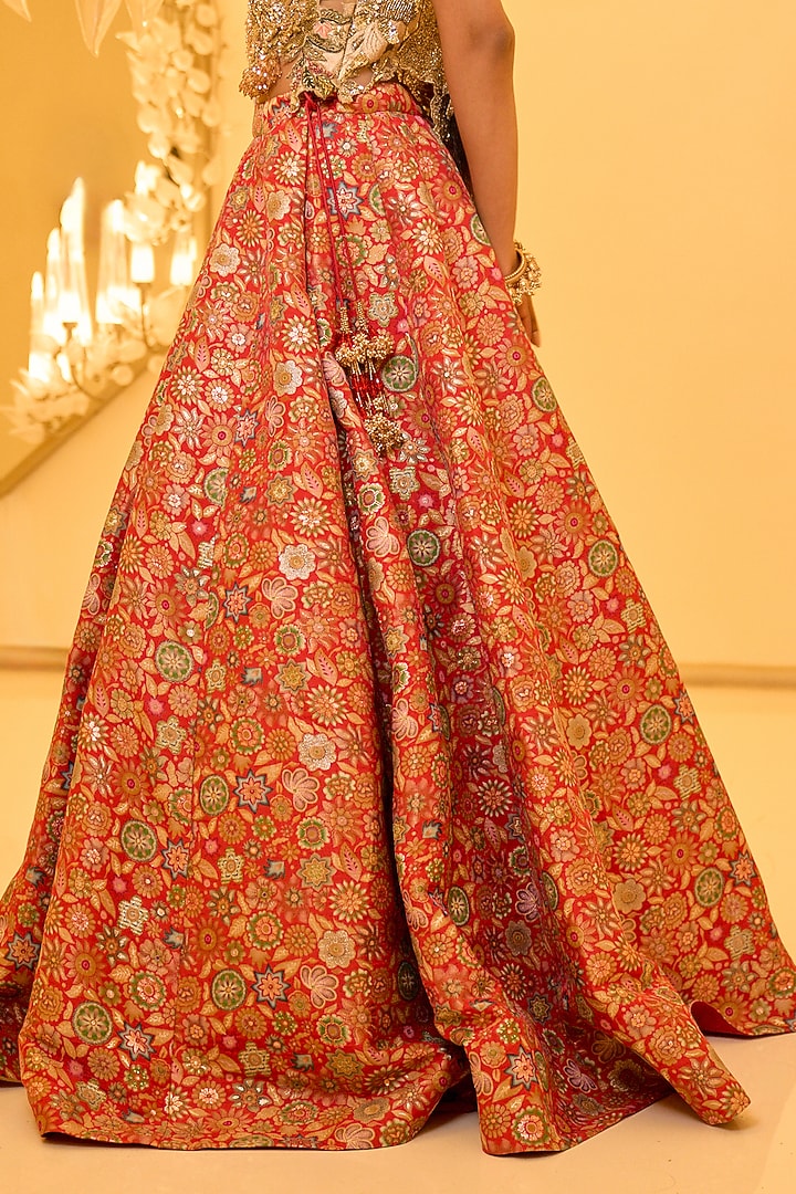 Red Brocade Flared Skirt Set by Varun Bahl at Pernia's Pop Up Shop
