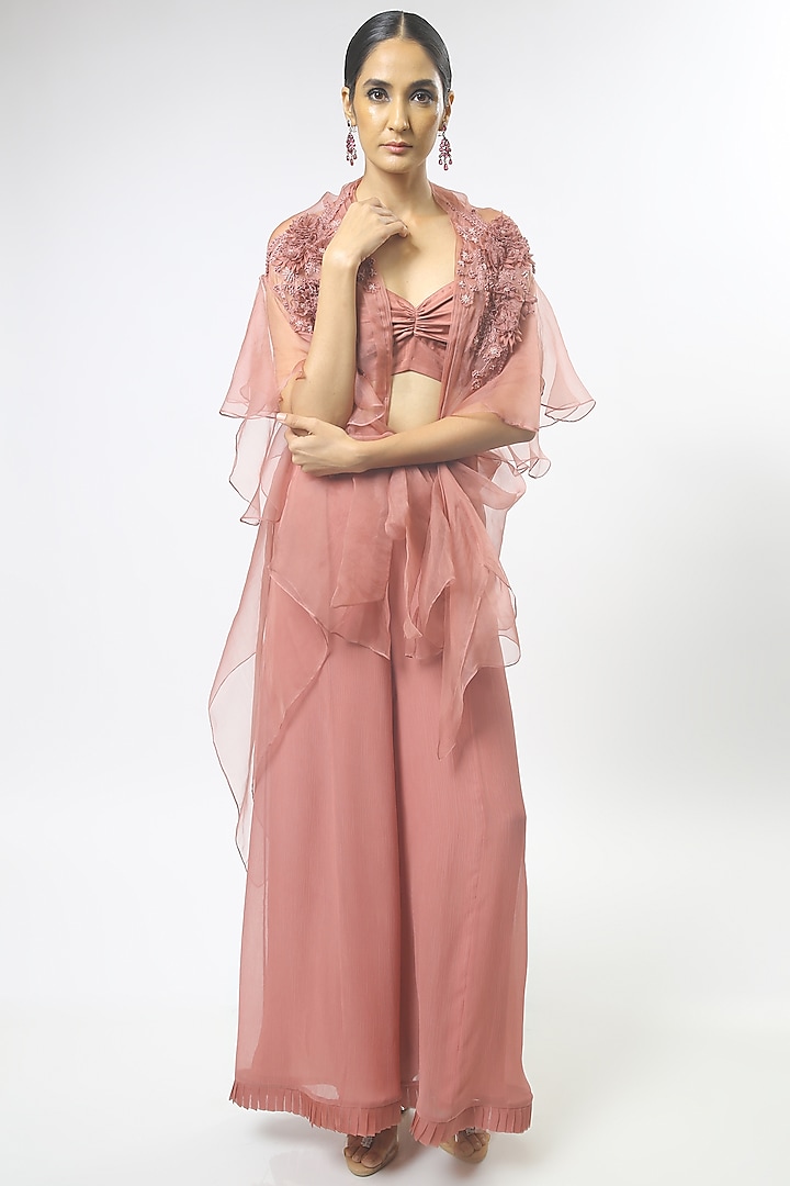 Old Rose Pink Embroidered Cape Set by Varun Bahl