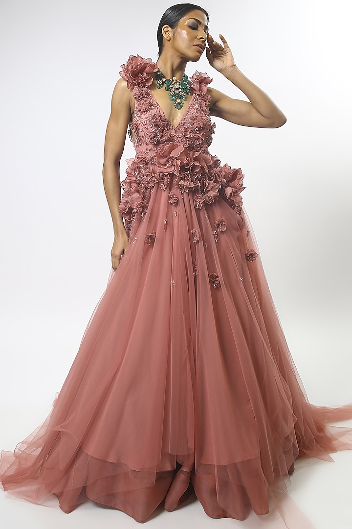 Old Rose Pink Embroidered Gown by Varun Bahl