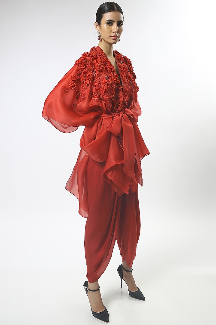 Red Embroidered Cape Set by Varun Bahl