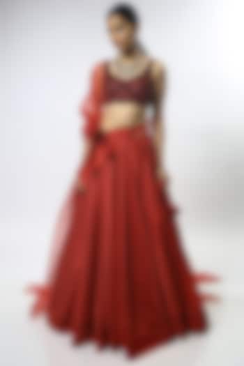 Red Floral Embroidered Lehenga Set by Varun Bahl