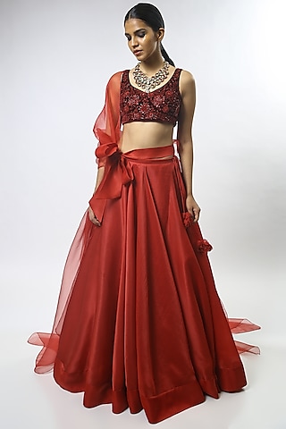 Maroon Silk Satin Organza Lehenga Set by Varun Bahl