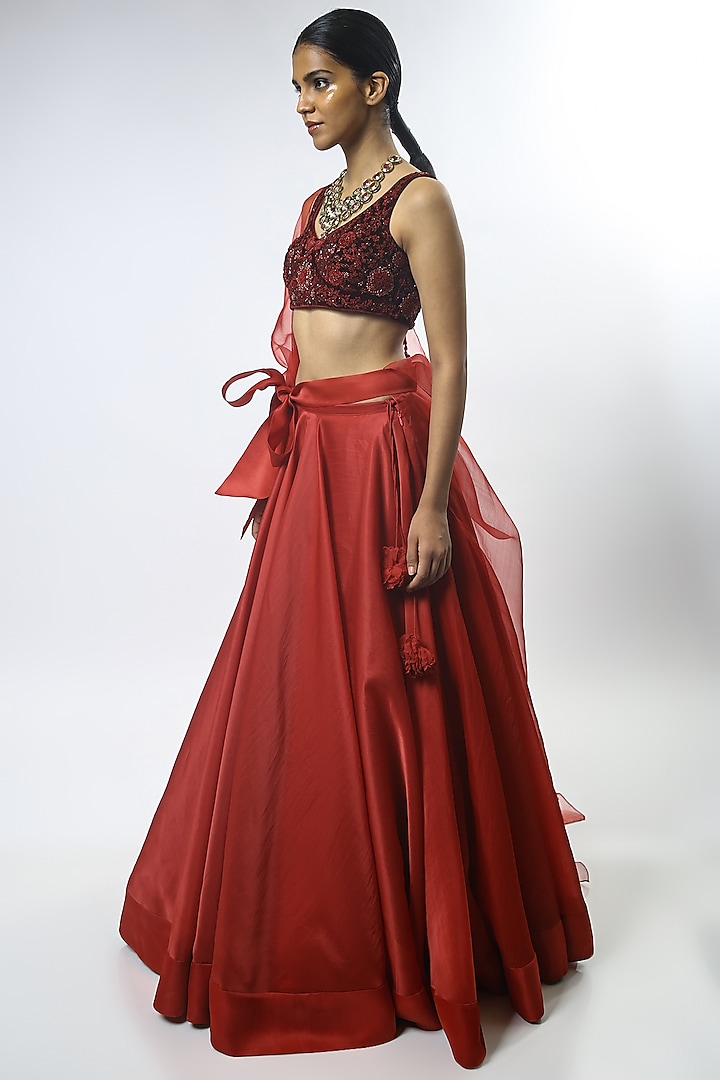 Maroon Silk Satin Organza Wedding Lehenga Set by Varun Bahl at Pernia's Pop Up Shop