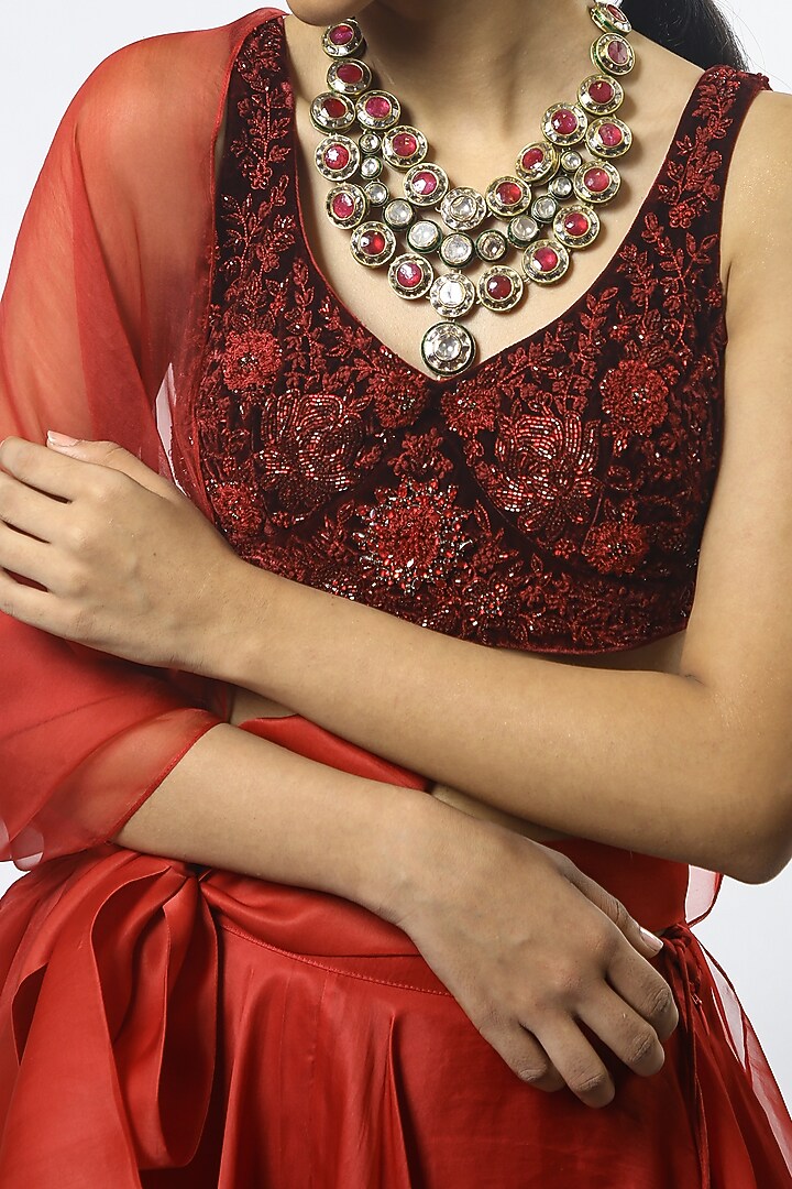 Maroon Silk Satin Organza Wedding Lehenga Set by Varun Bahl at Pernia's Pop Up Shop