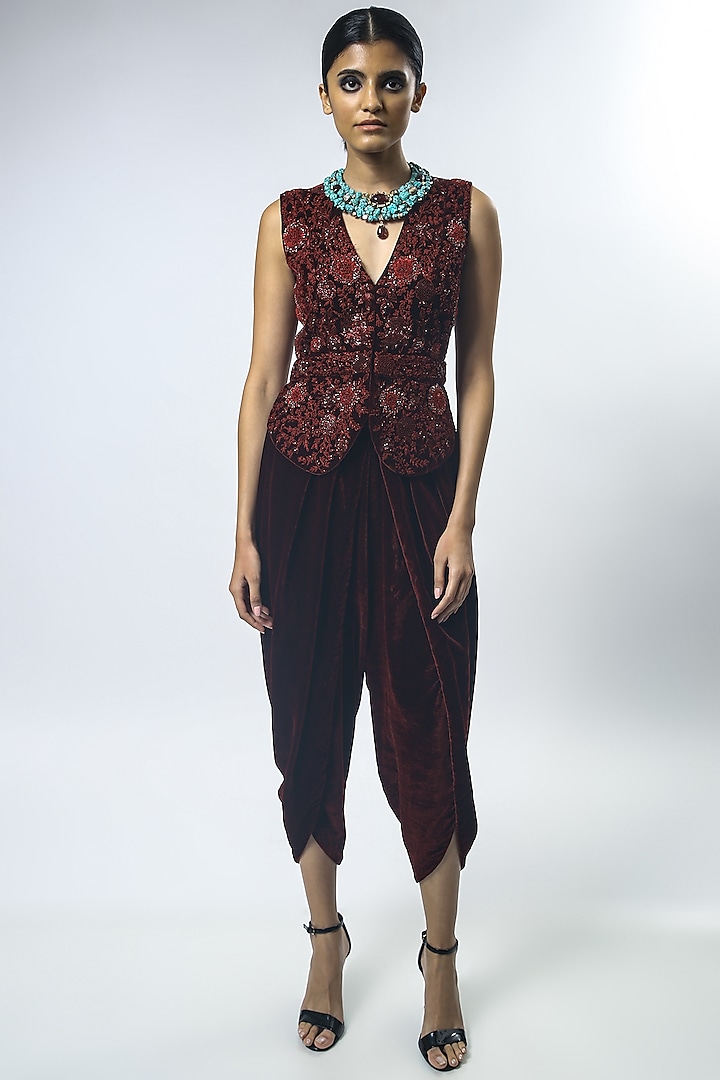 Black & Red Embroidered Gilet With Pants by Varun Bahl