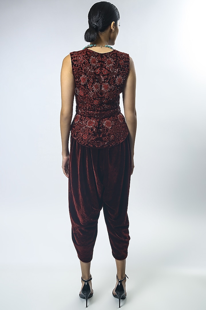 Black & Red Embroidered Gilet With Pants by Varun Bahl at Pernia's Pop Up Shop