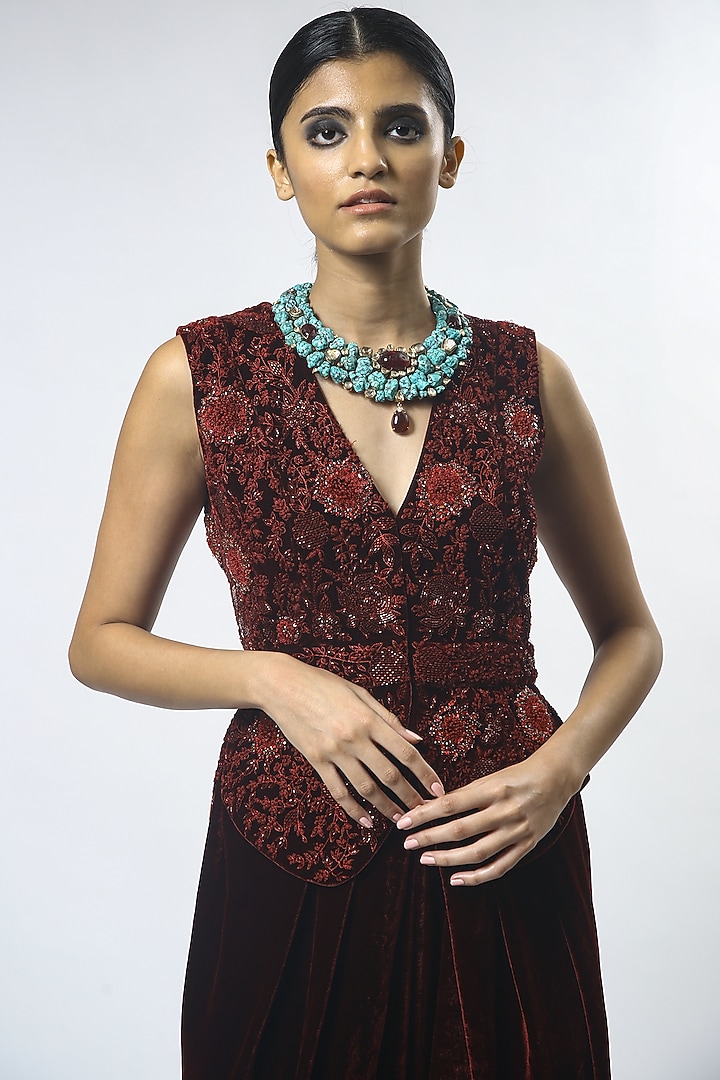 Black & Red Embroidered Gilet With Pants by Varun Bahl at Pernia's Pop Up Shop