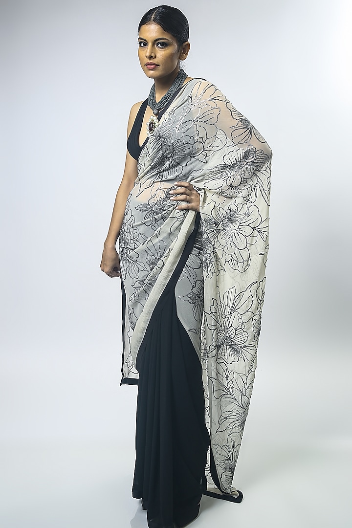 Black & Ivory Embroidered Saree Set by Varun Bahl