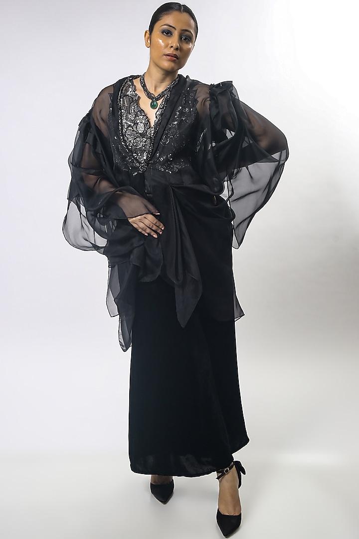 Black Embroidered Cape Set by Varun Bahl