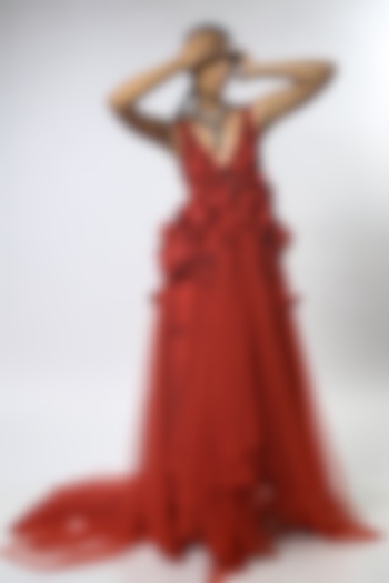 Red Floral Embroidered Gown by Varun Bahl