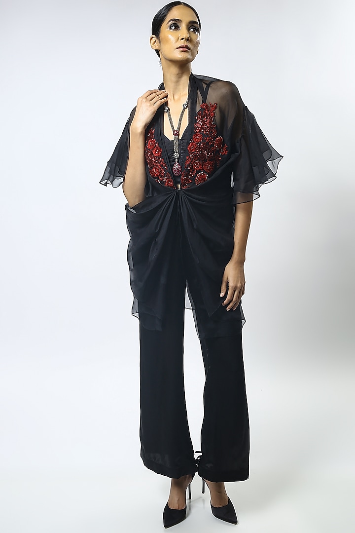 Black Thread Embroidered Cape Set by Varun Bahl