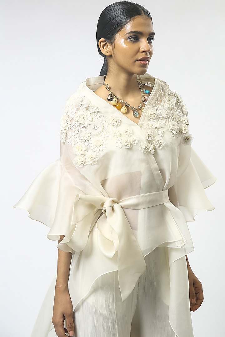 Ivory Floral Embroidered Cape Set by Varun Bahl