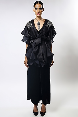 Black Sequins Embroidered Cape Set by Varun Bahl